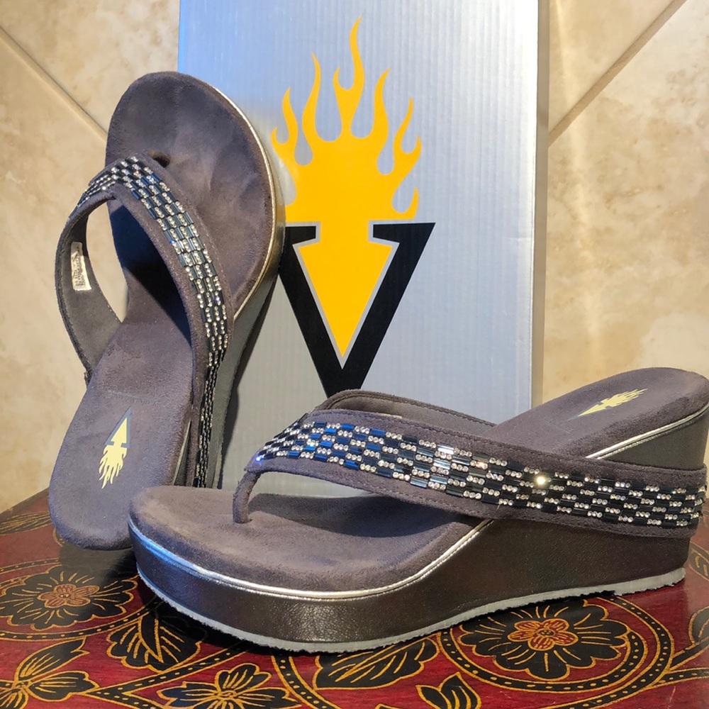 VOLATILE CRYSTAL EMBELLISHED WEDGE THONG SANDALS